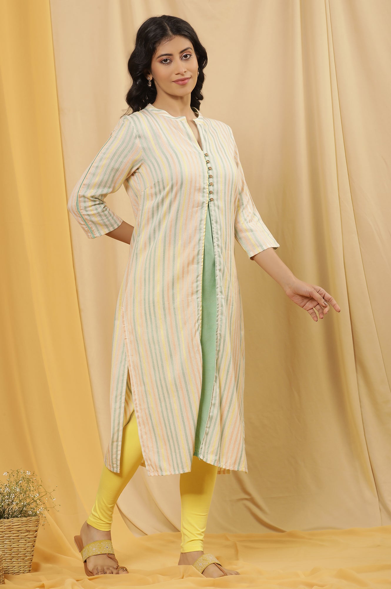 Ecru Striped Dobby Kurta And Tights Set