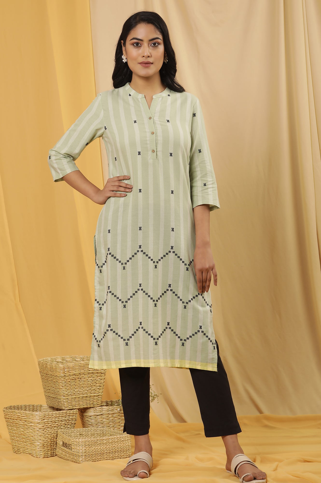 Light Green Dobby Straight Kurta And Trousers Set