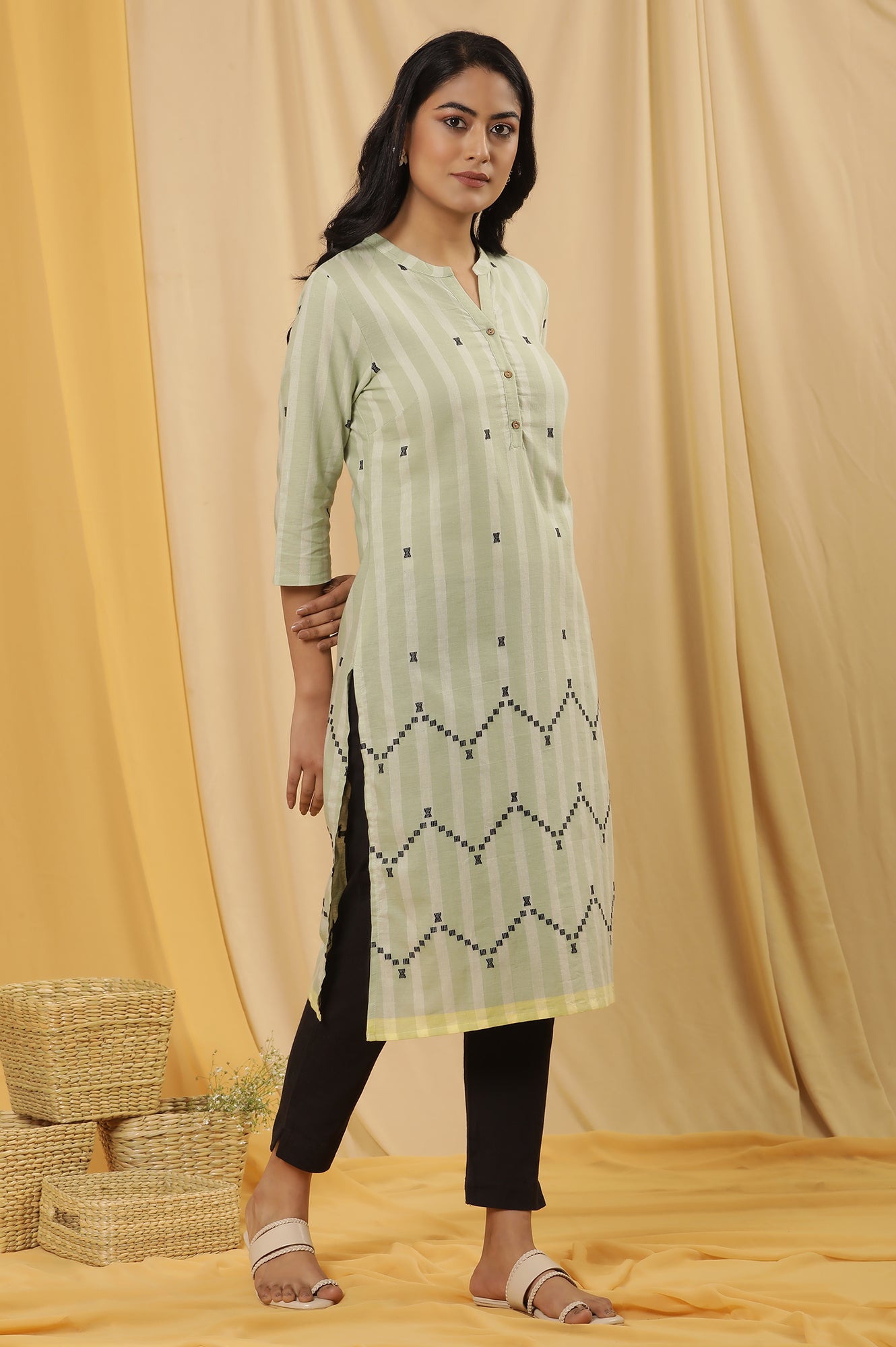 Light Green Dobby Straight Kurta And Trousers Set