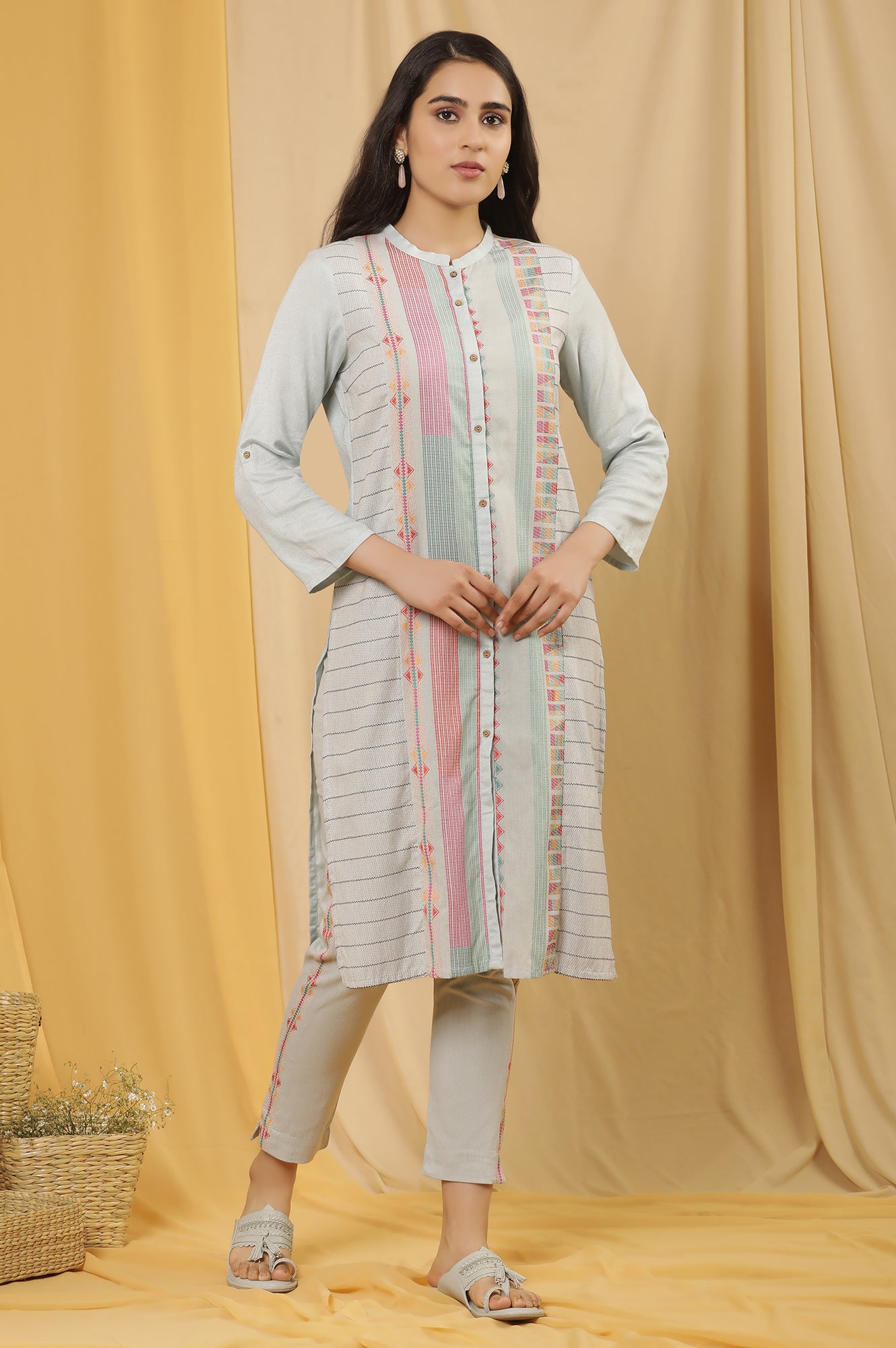 Light Blue Printed Dobby Kurta And Pants Set