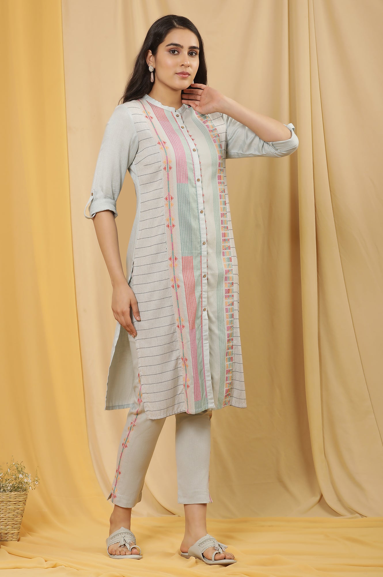 Light Blue Printed Dobby Kurta And Pants Set