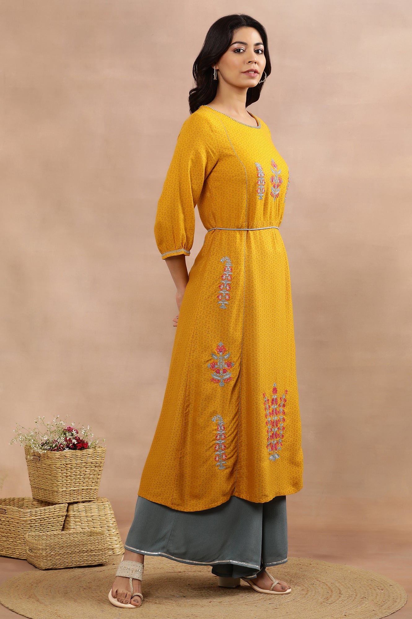 Yellow Embroidered Flared Kurta And Flared Pants Set