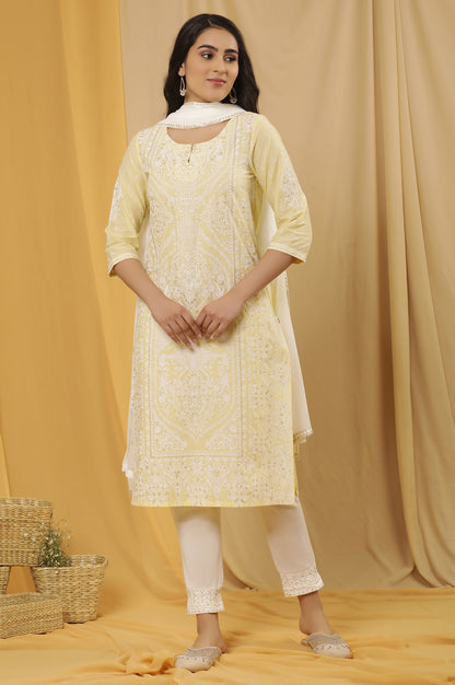 Yellow Glitter Printed Kurta, Pants And Dupatta Set