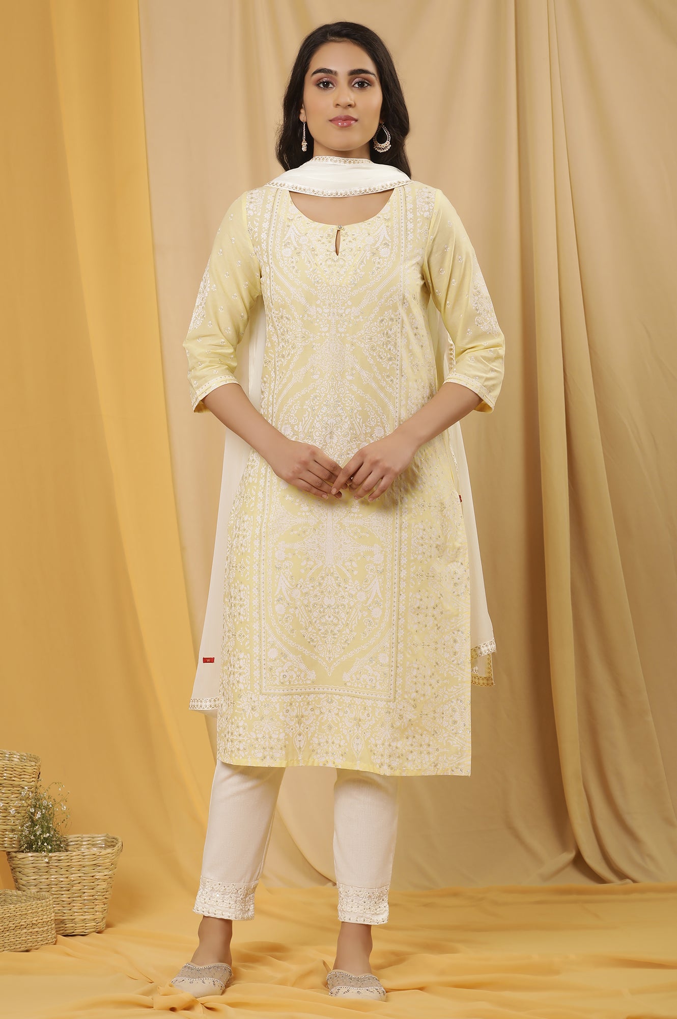 Yellow Glitter Printed Kurta, Pants And Dupatta Set