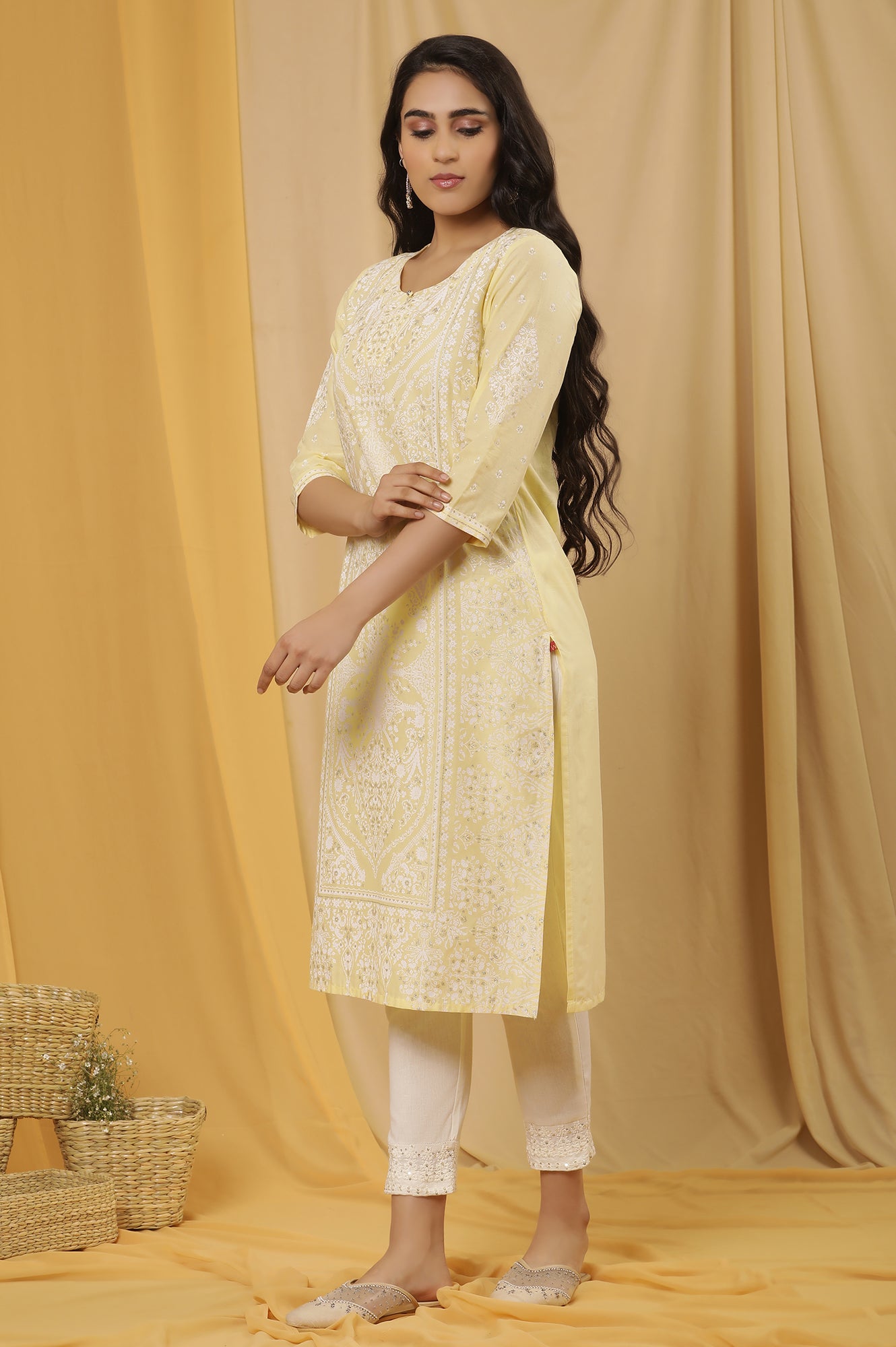 Yellow Glitter Printed Kurta, Pants And Dupatta Set