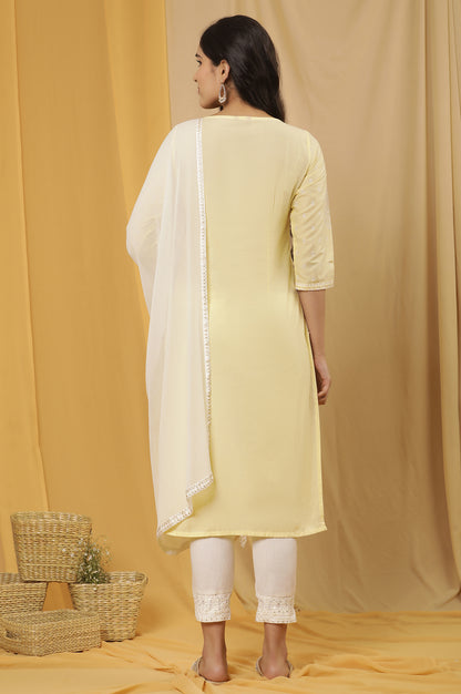 Yellow Glitter Printed Kurta, Pants And Dupatta Set