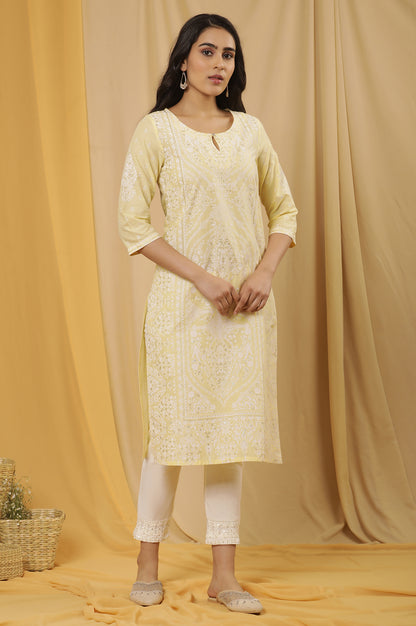 Yellow Glitter Printed Kurta, Pants And Dupatta Set