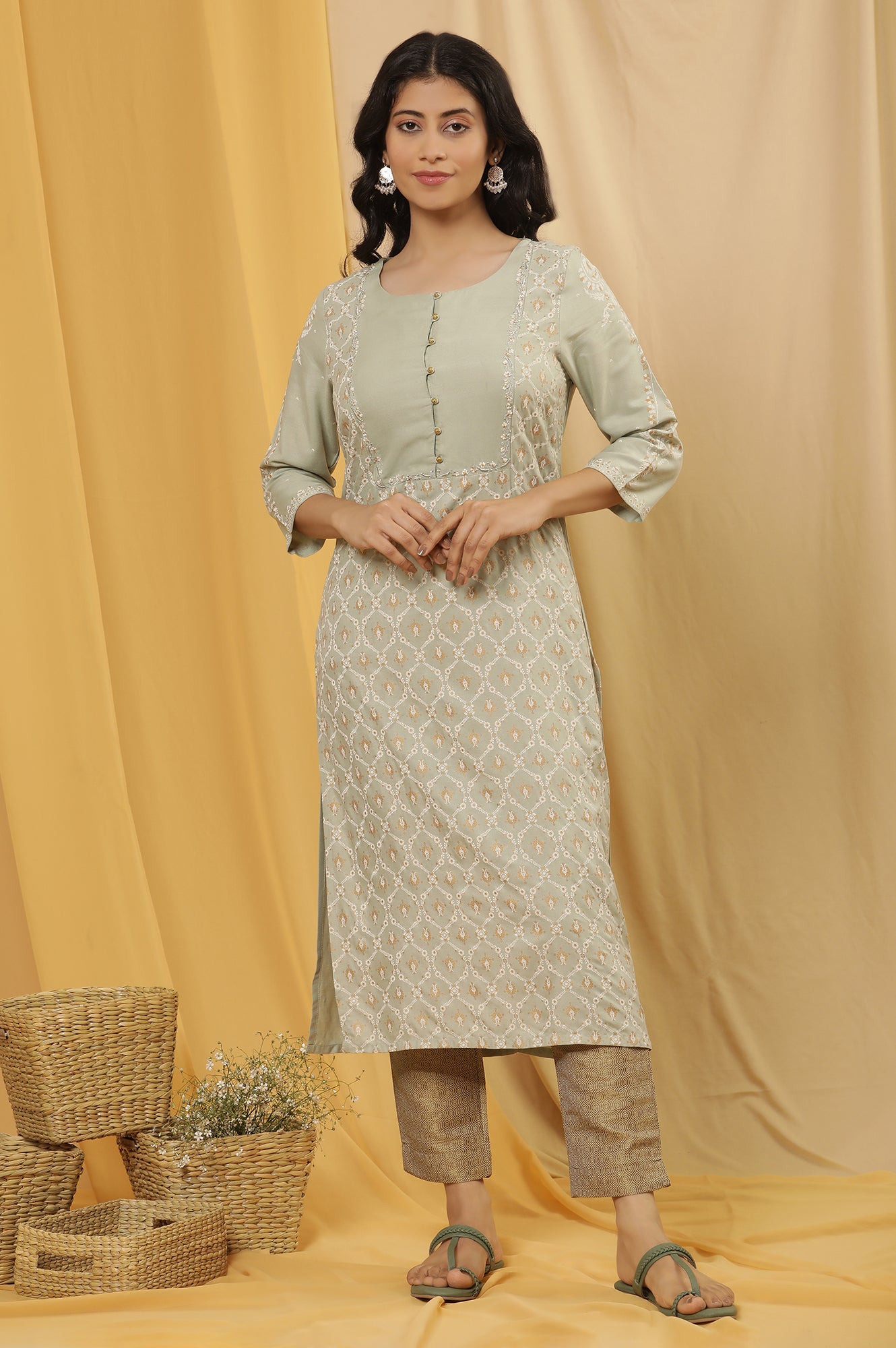 Green Printed Summer Kurta And Golden Pants