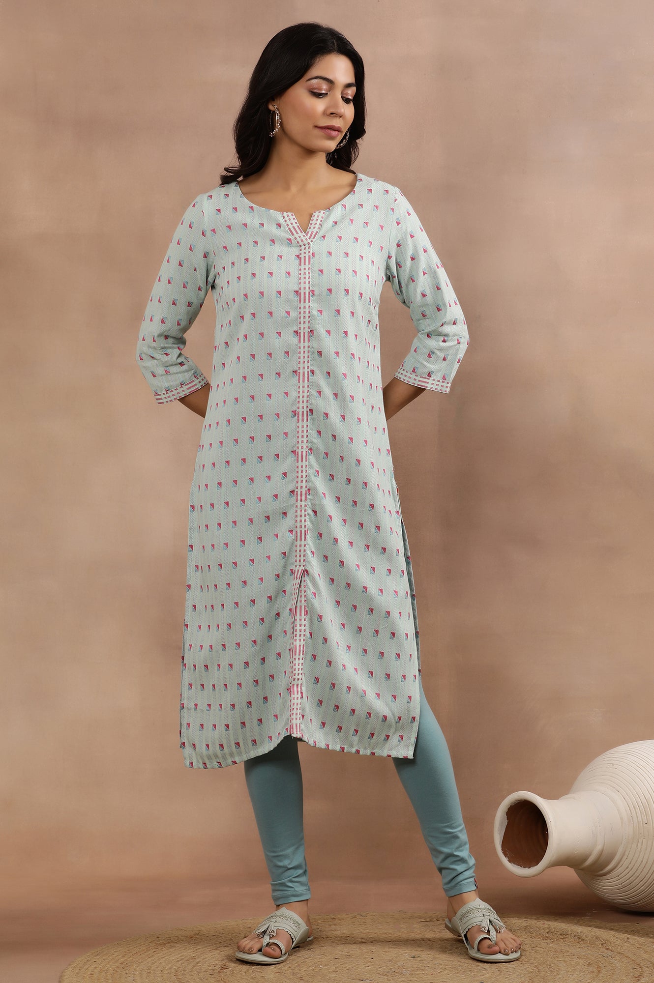 Blue Printed Cotton Dobby Kurta And Tights