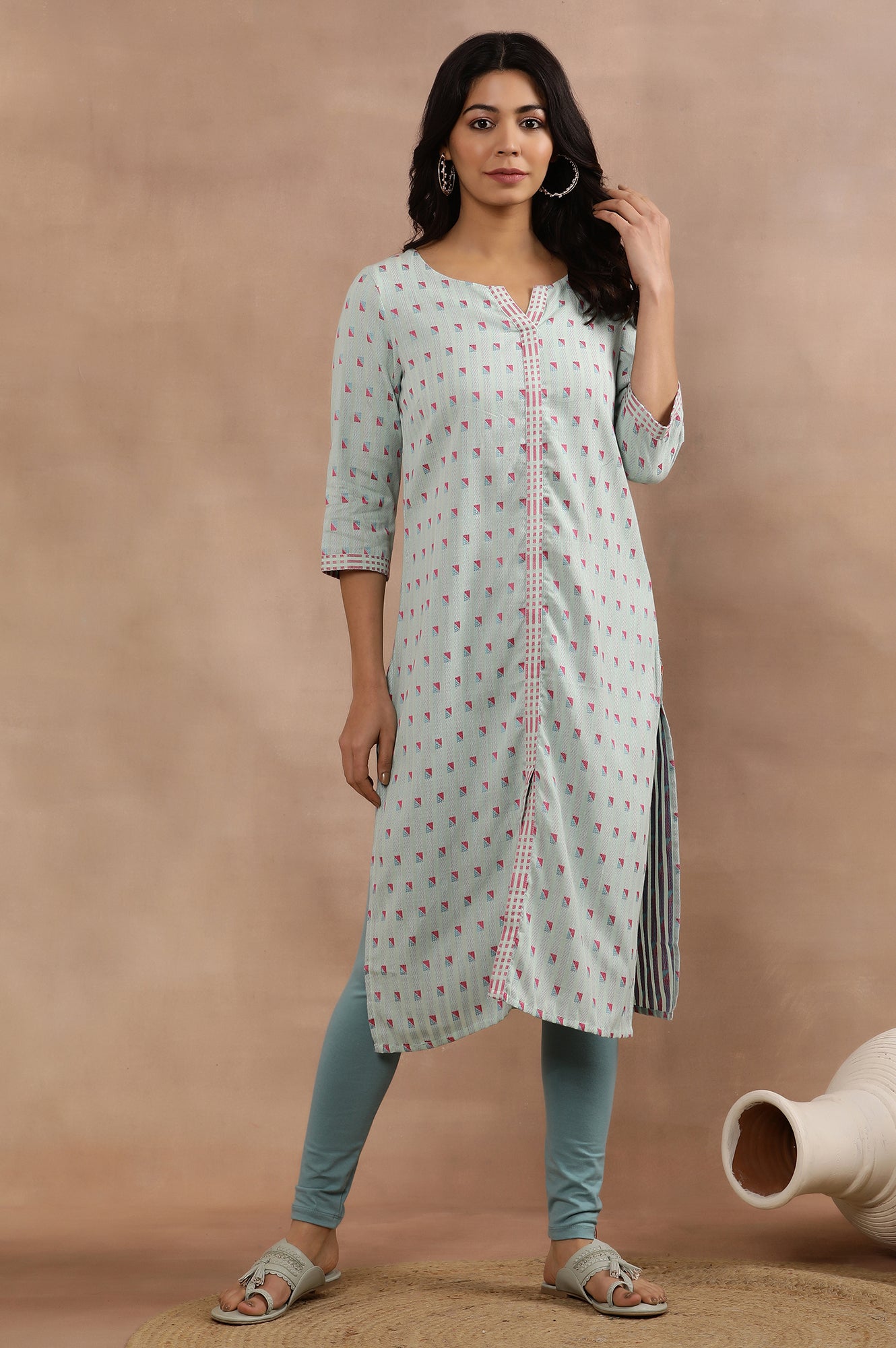 Blue Printed Cotton Dobby Kurta And Tights