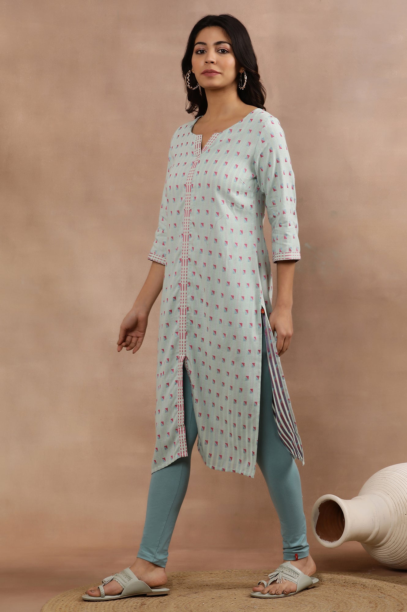 Blue Printed Cotton Dobby Kurta And Tights