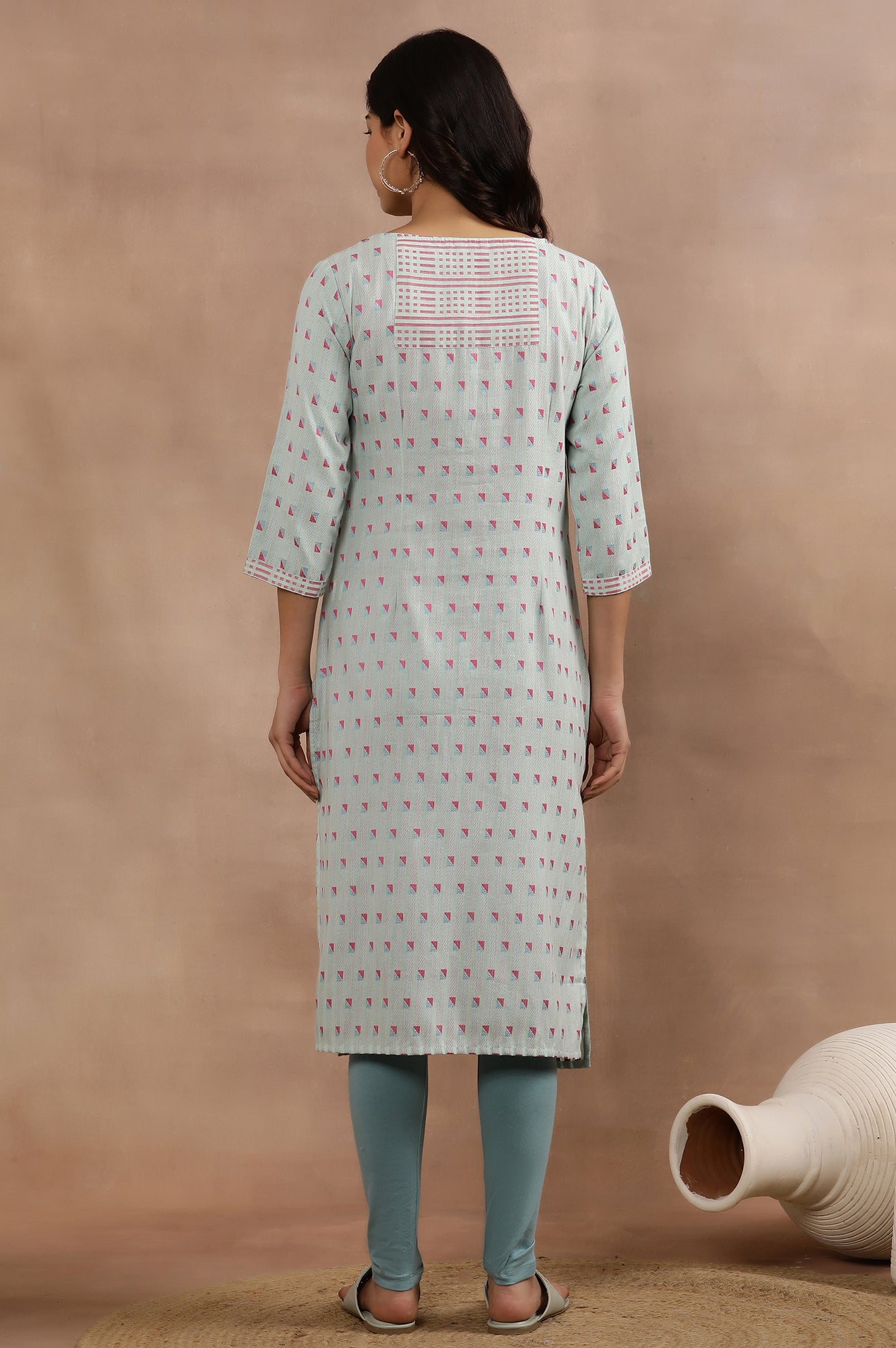 Blue Printed Cotton Dobby Kurta And Tights