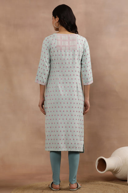 Blue Printed Cotton Dobby Kurta And Tights