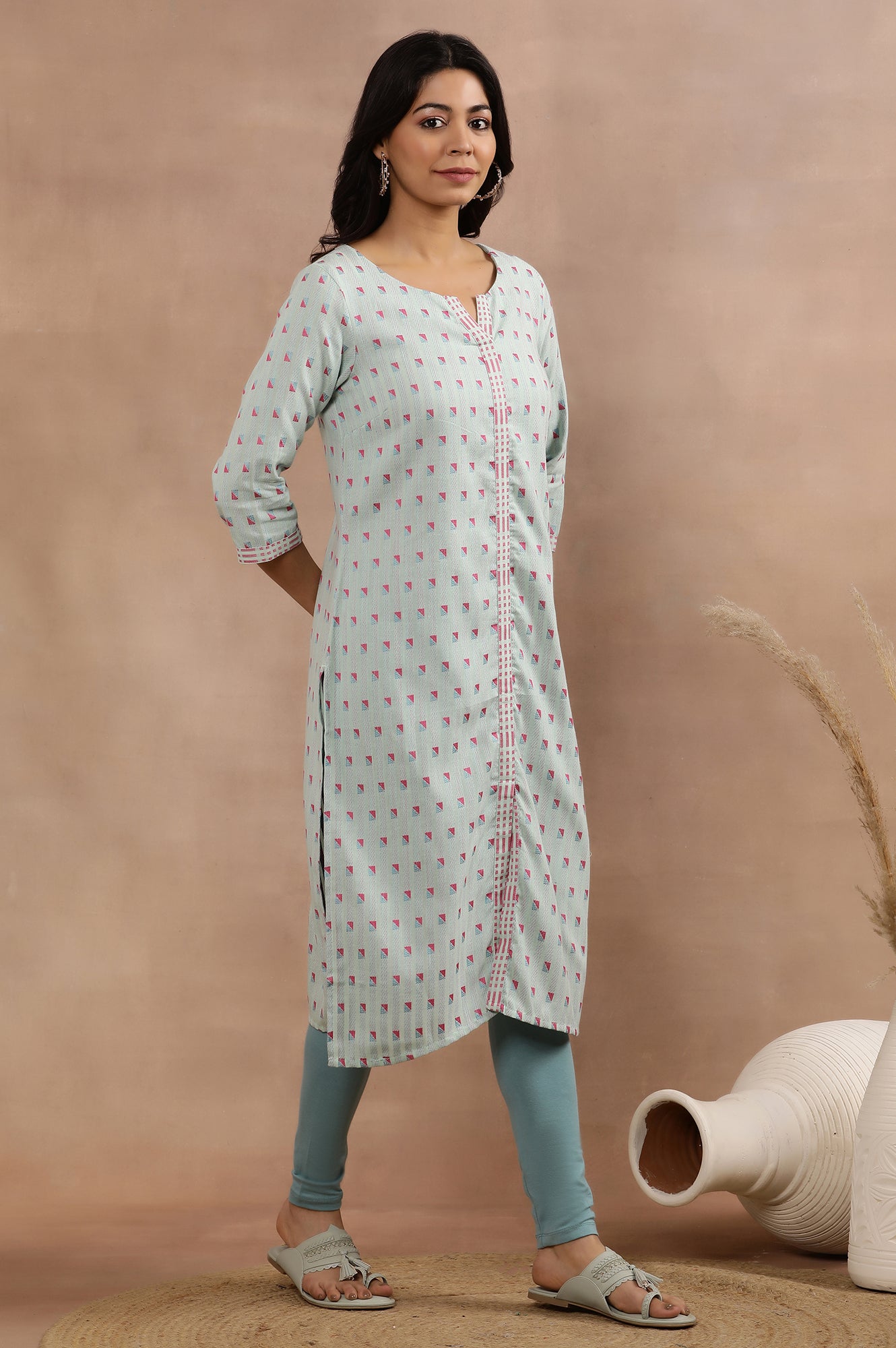 Blue Printed Cotton Dobby Kurta And Tights