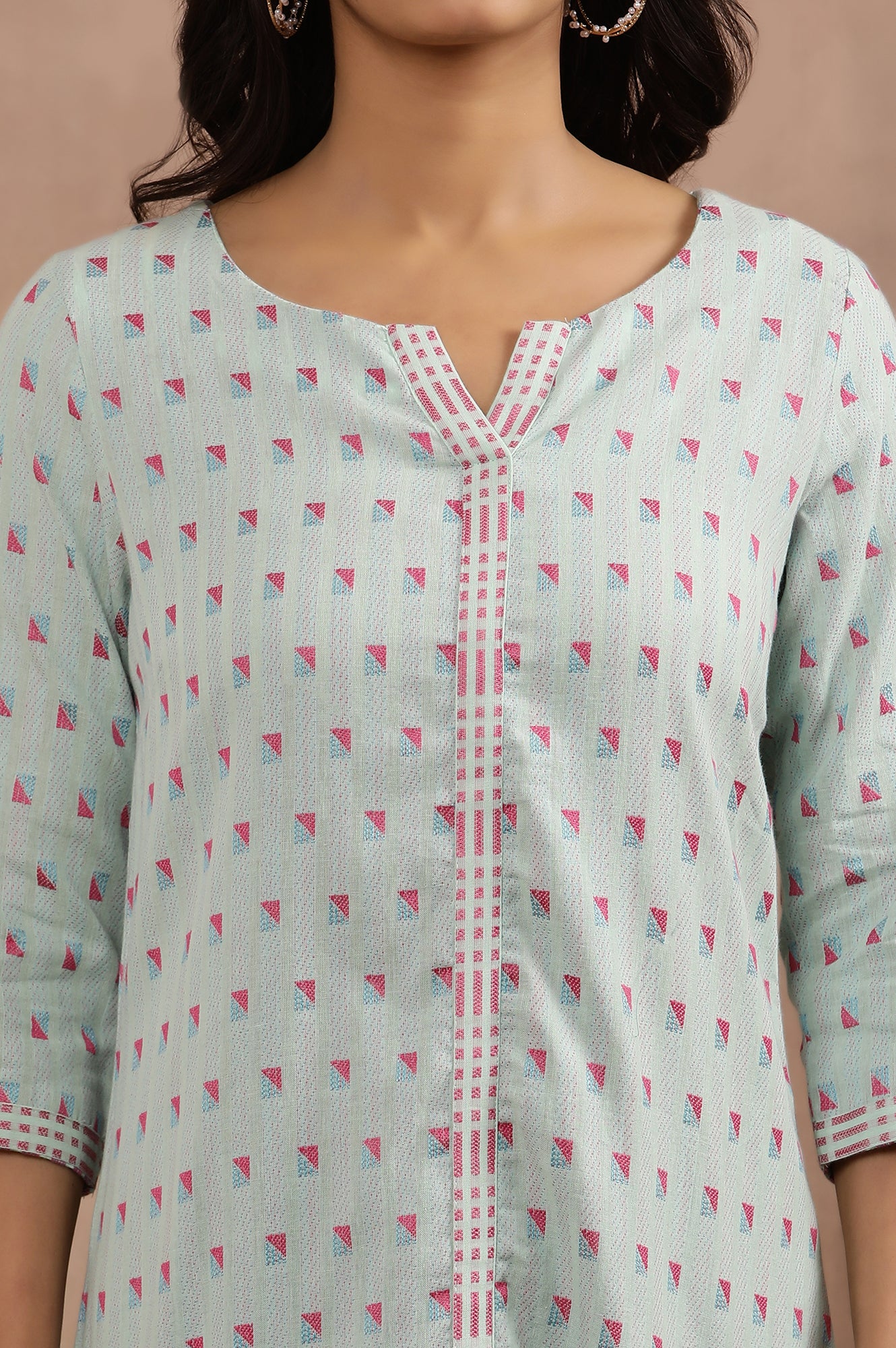 Blue Printed Cotton Dobby Kurta And Tights