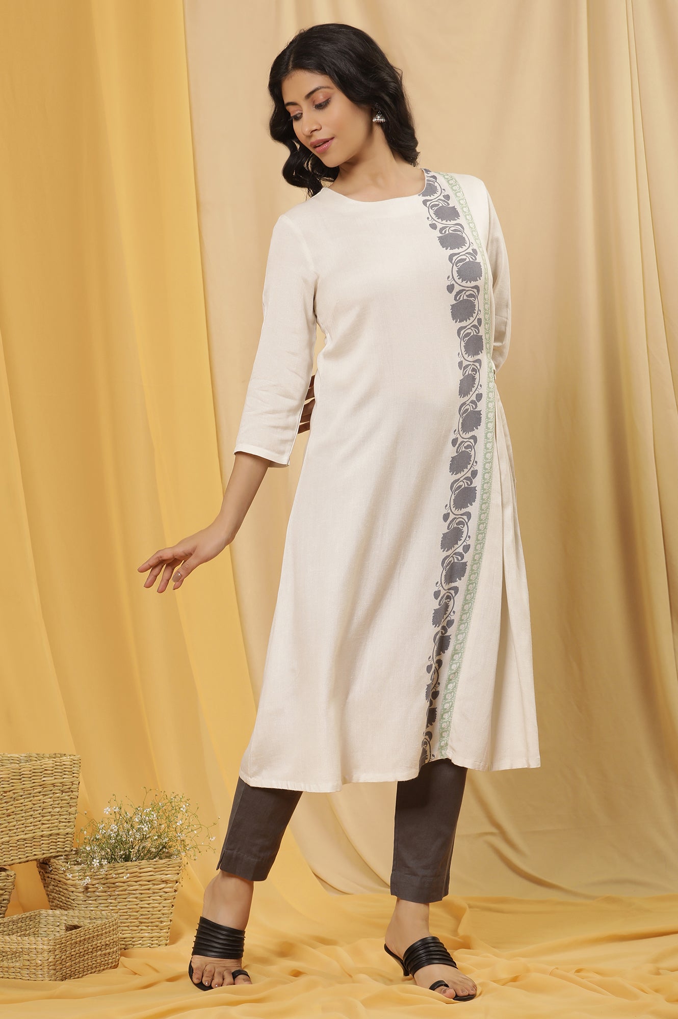 White Printed A-Line Kurta And Slim Pants Set