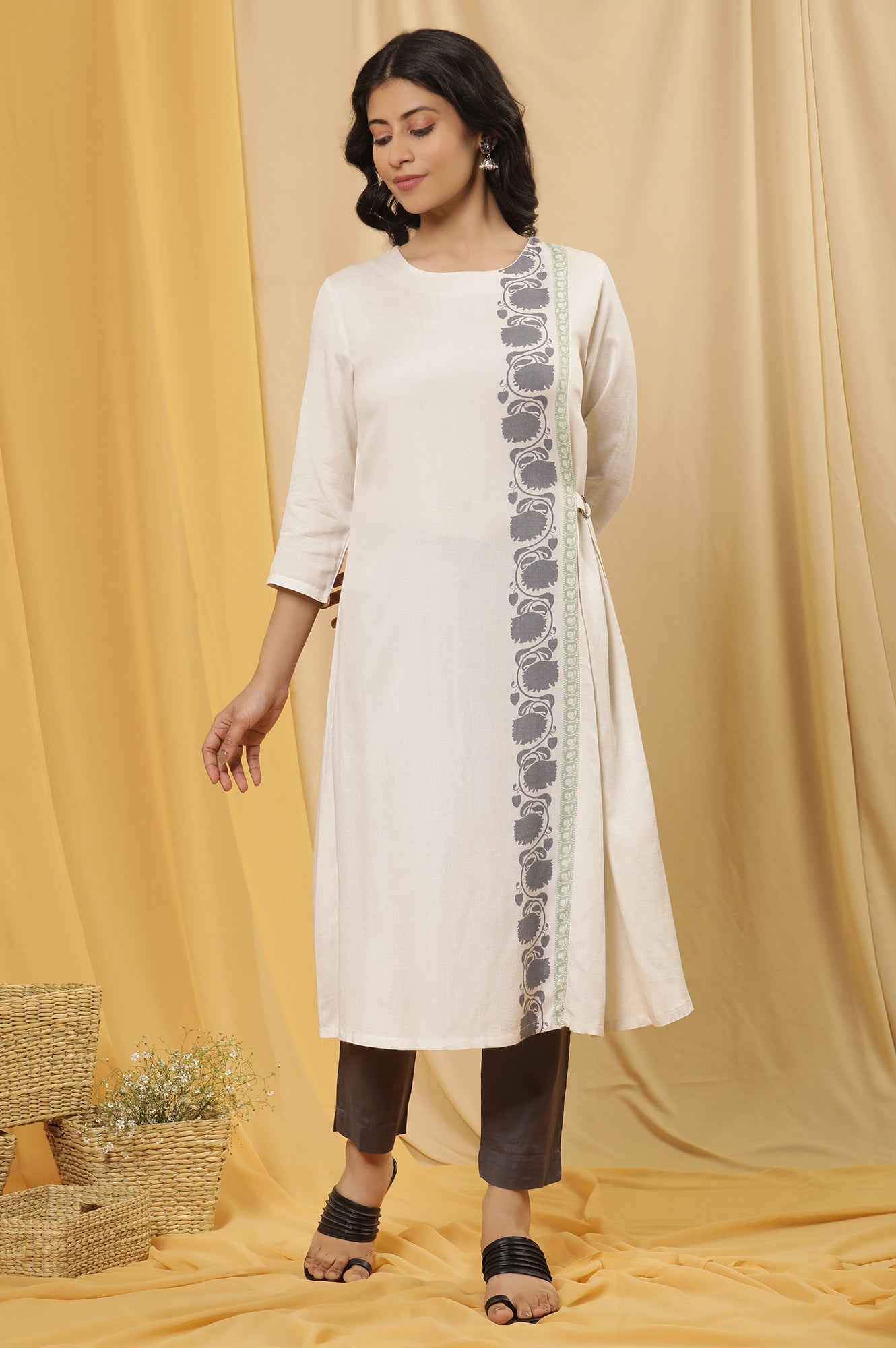 White Printed A-Line Kurta And Slim Pants Set