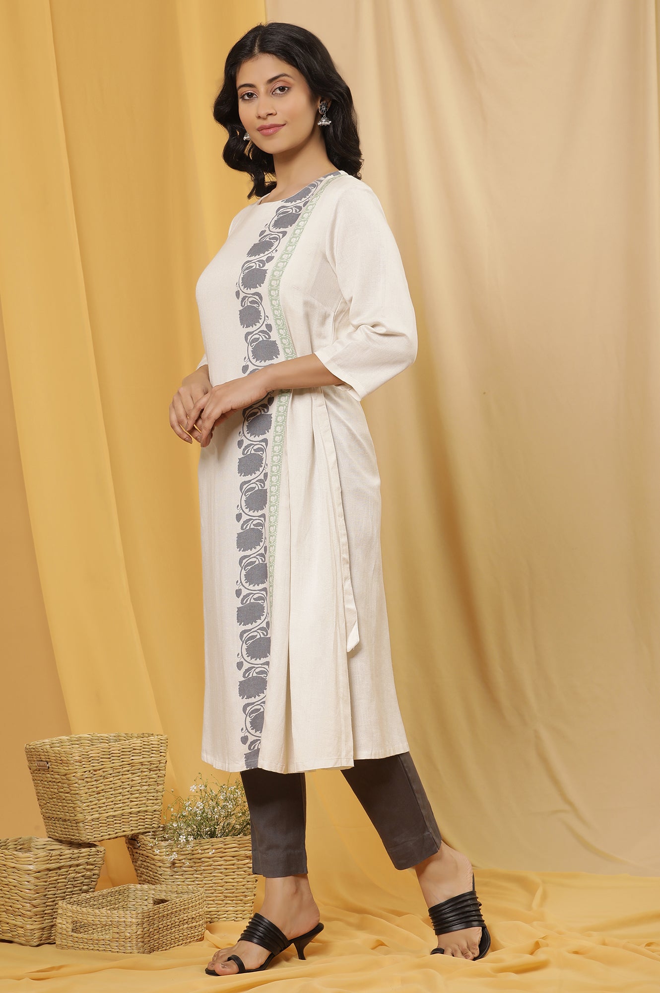 White Printed A-Line Kurta And Slim Pants Set