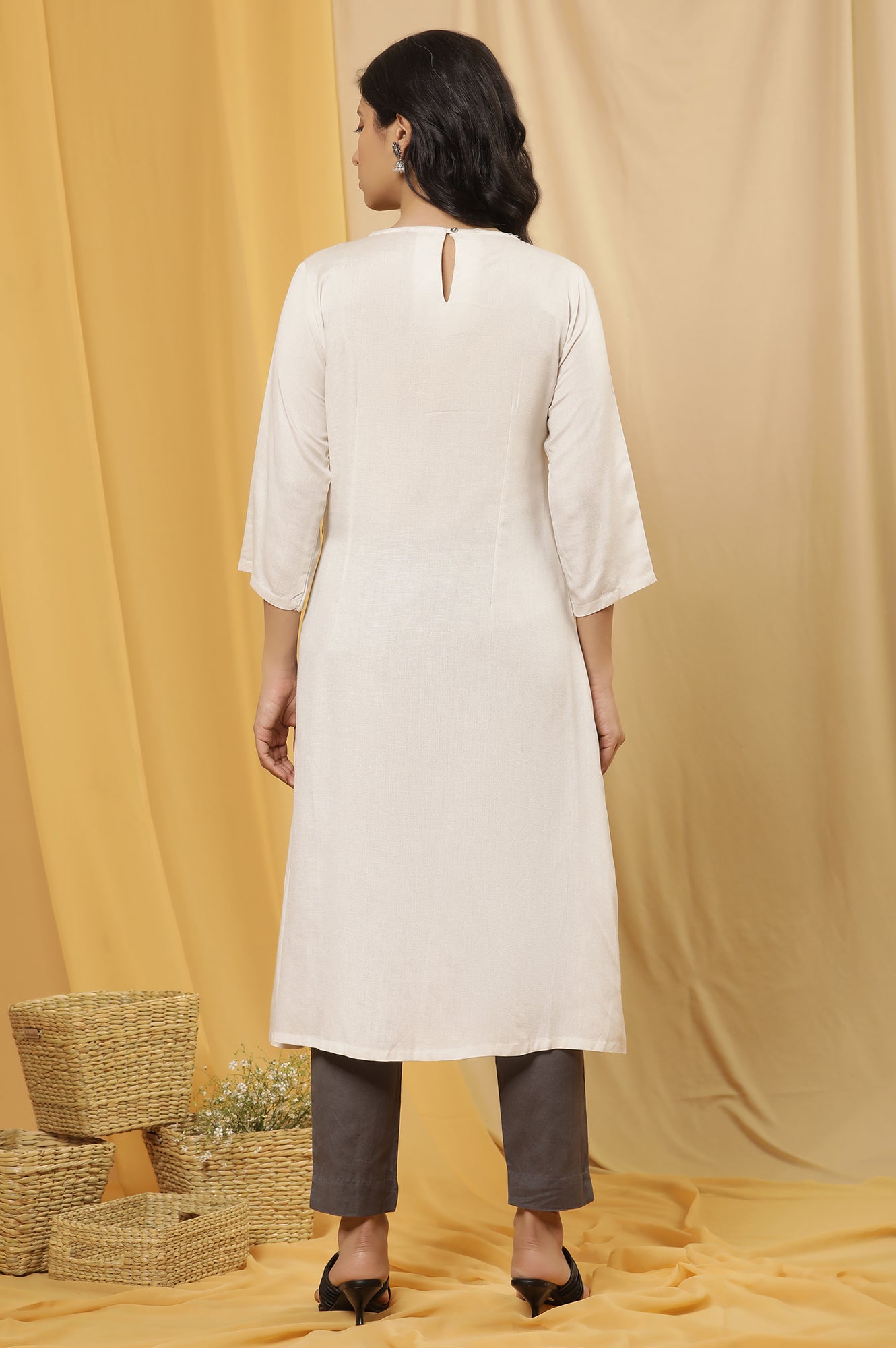 White Printed A-Line Kurta And Slim Pants Set