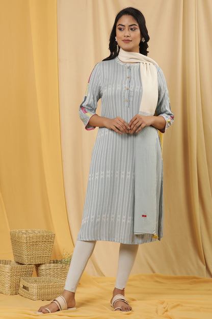 Light Blue Yarn Dyed Kurta, Tights And Dupatta Set