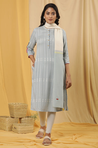 Light Blue Yarn Dyed Kurta, Tights And Dupatta Set