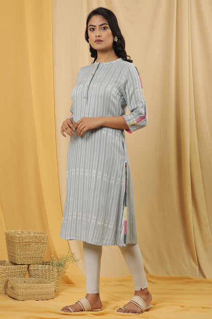 Light Blue Yarn Dyed Kurta, Tights And Dupatta Set