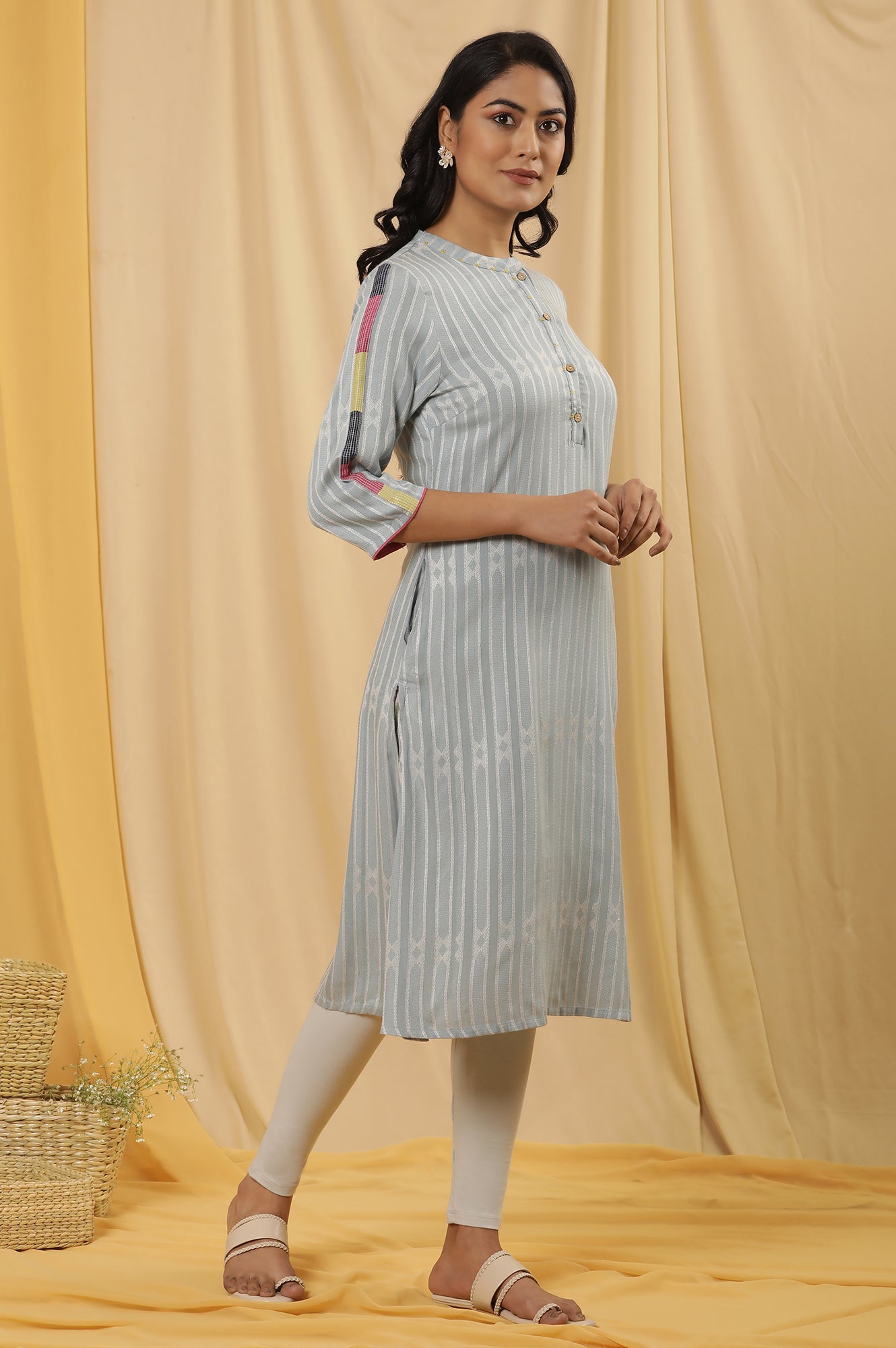 Light Blue Yarn Dyed Kurta, Tights And Dupatta Set