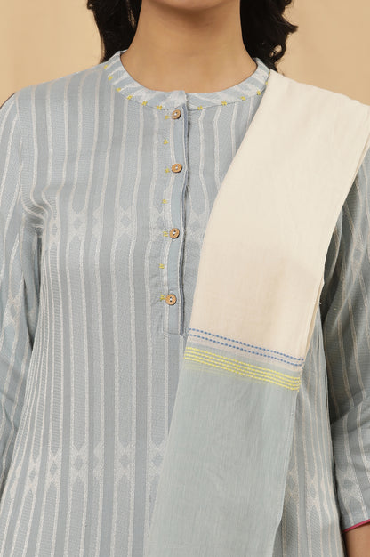 Light Blue Yarn Dyed Kurta, Tights And Dupatta Set