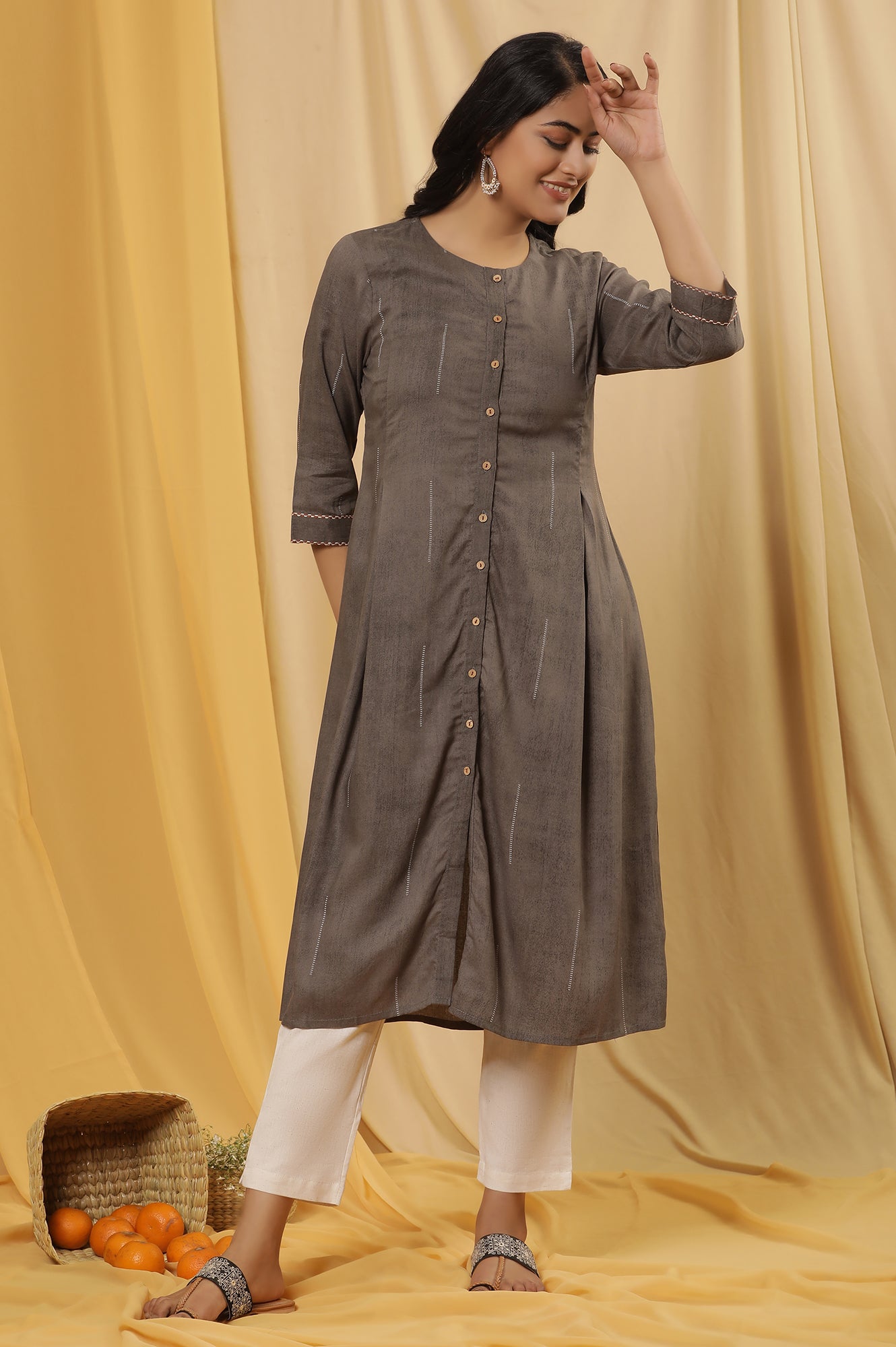 Grey Button Down Kurta And Pants Set