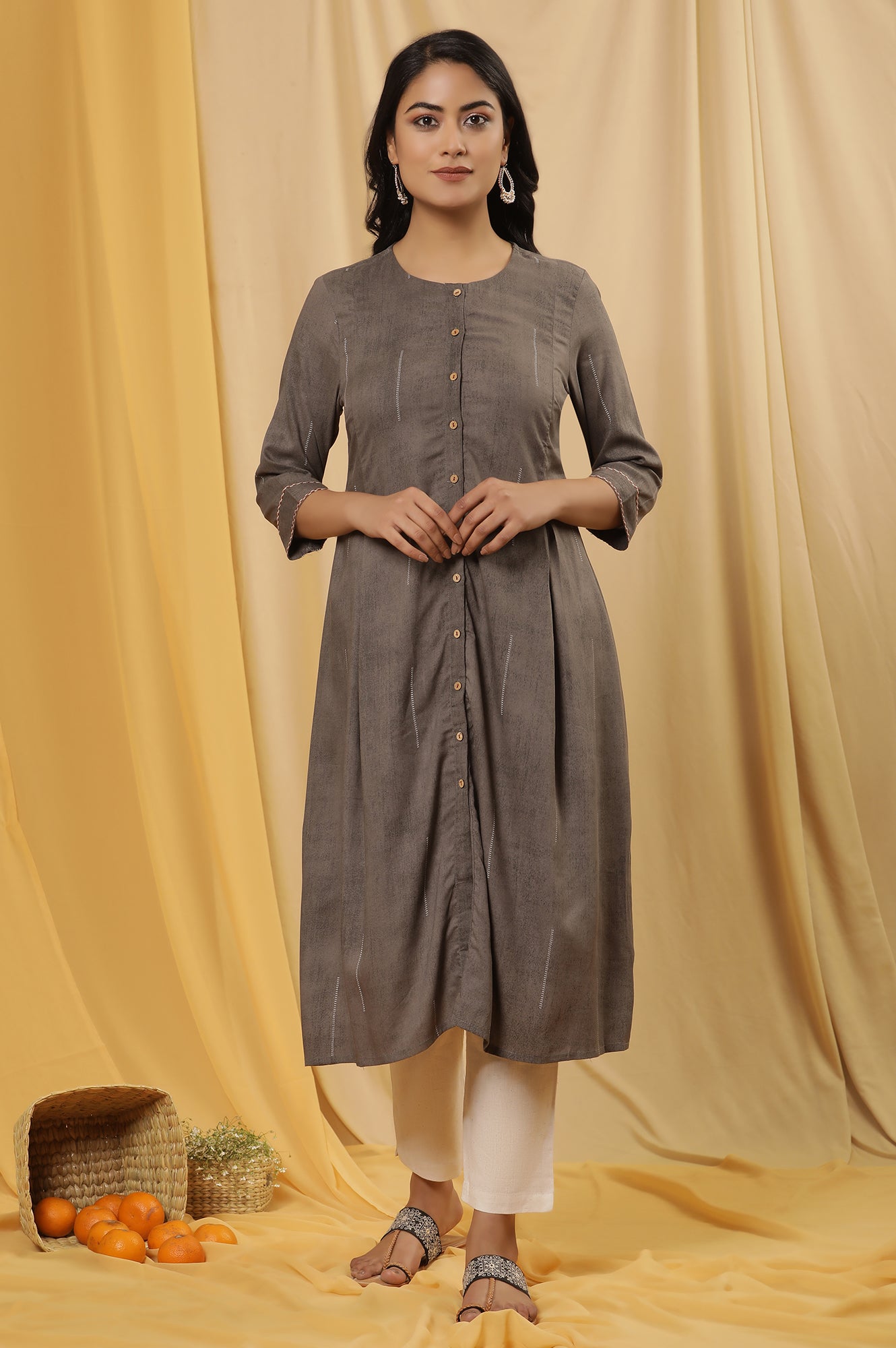 Grey Button Down Kurta And Pants Set