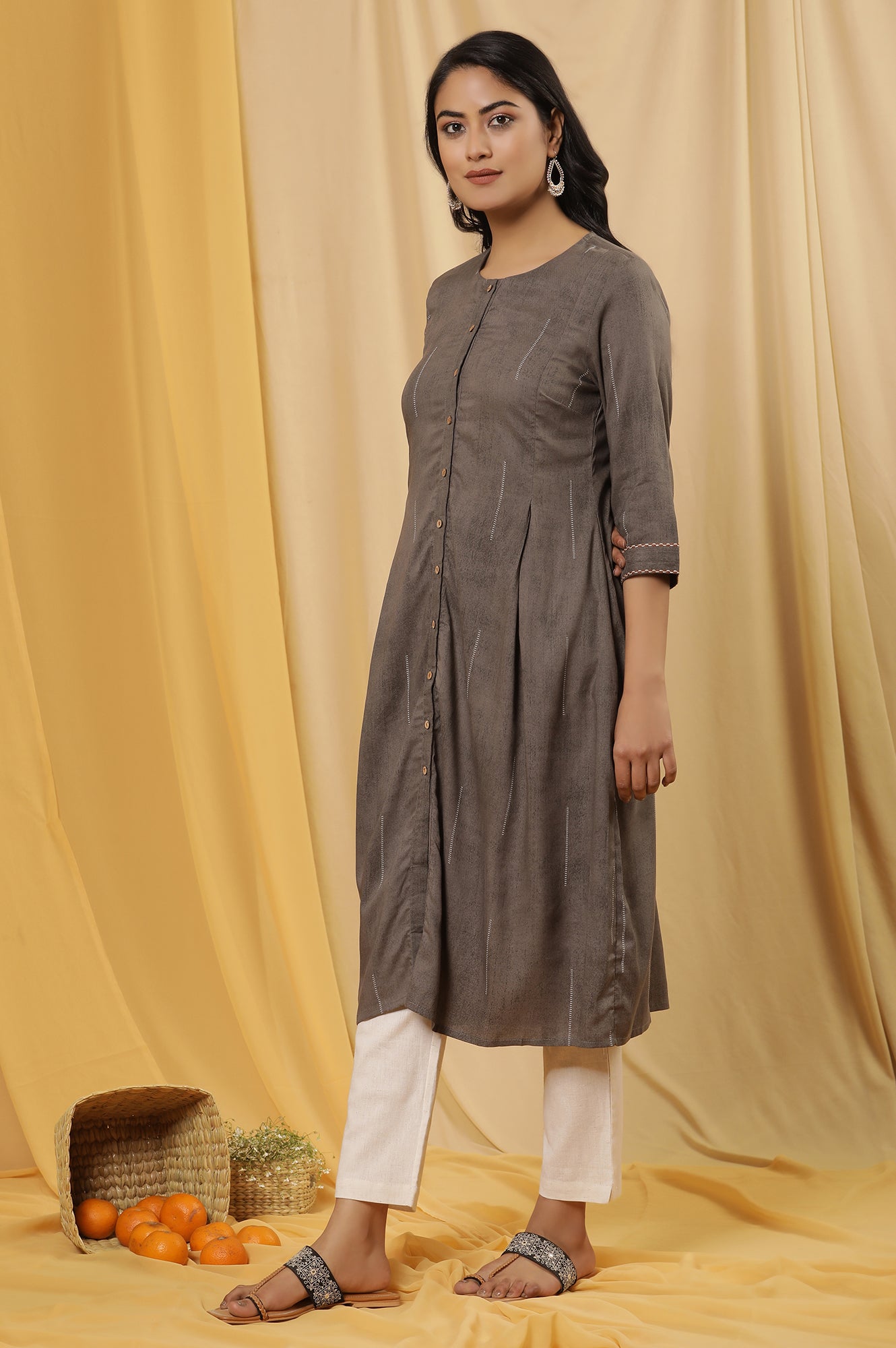 Grey Button Down Kurta And Pants Set