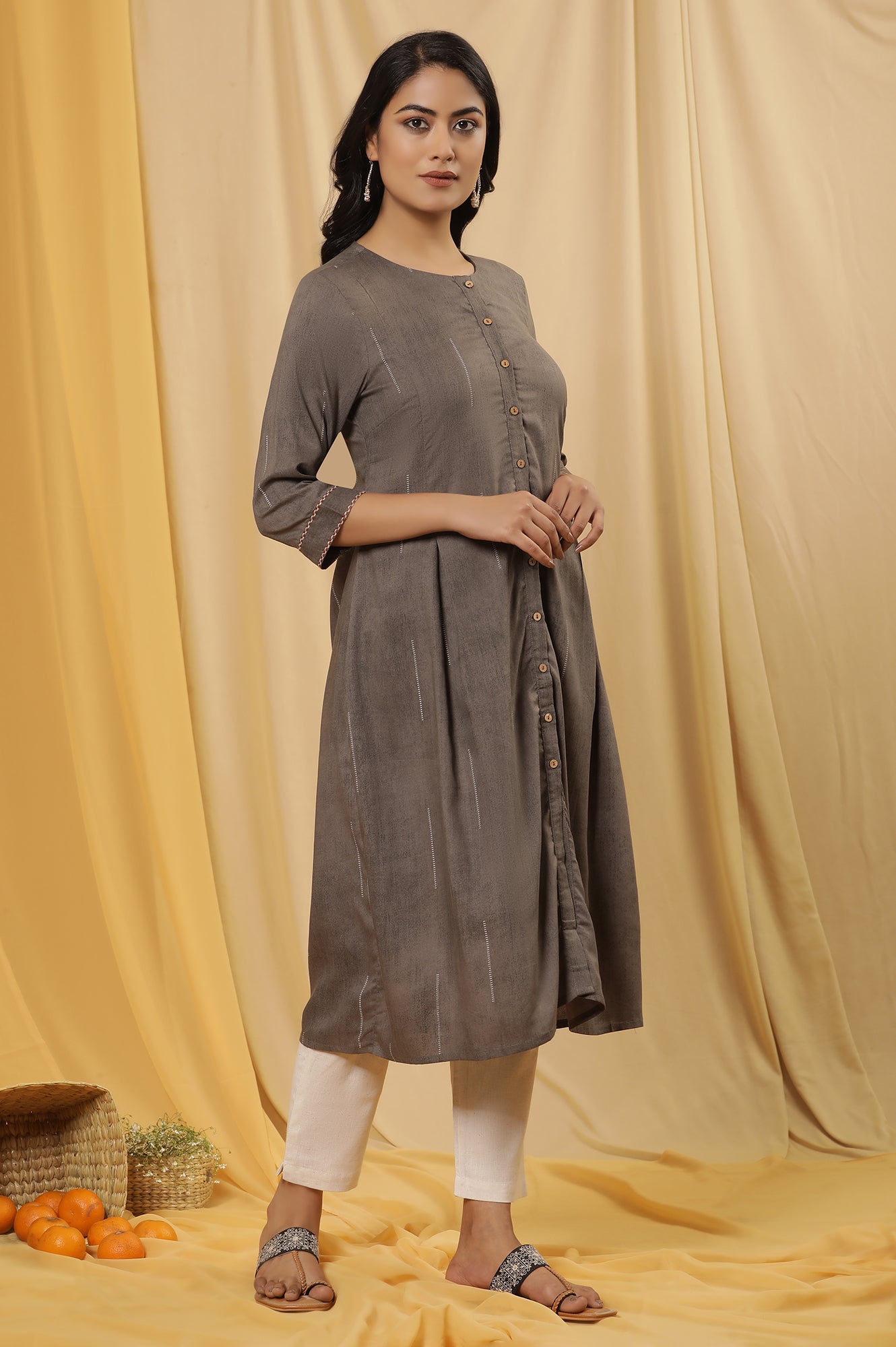 Grey Button Down Kurta And Pants Set