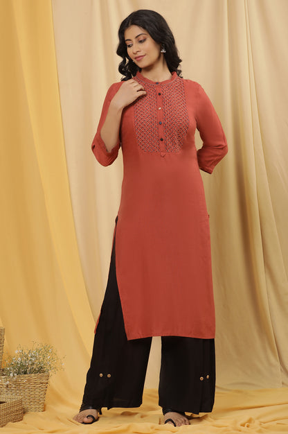 Brick Red Embroidered Kurta And Black Parallel Pants