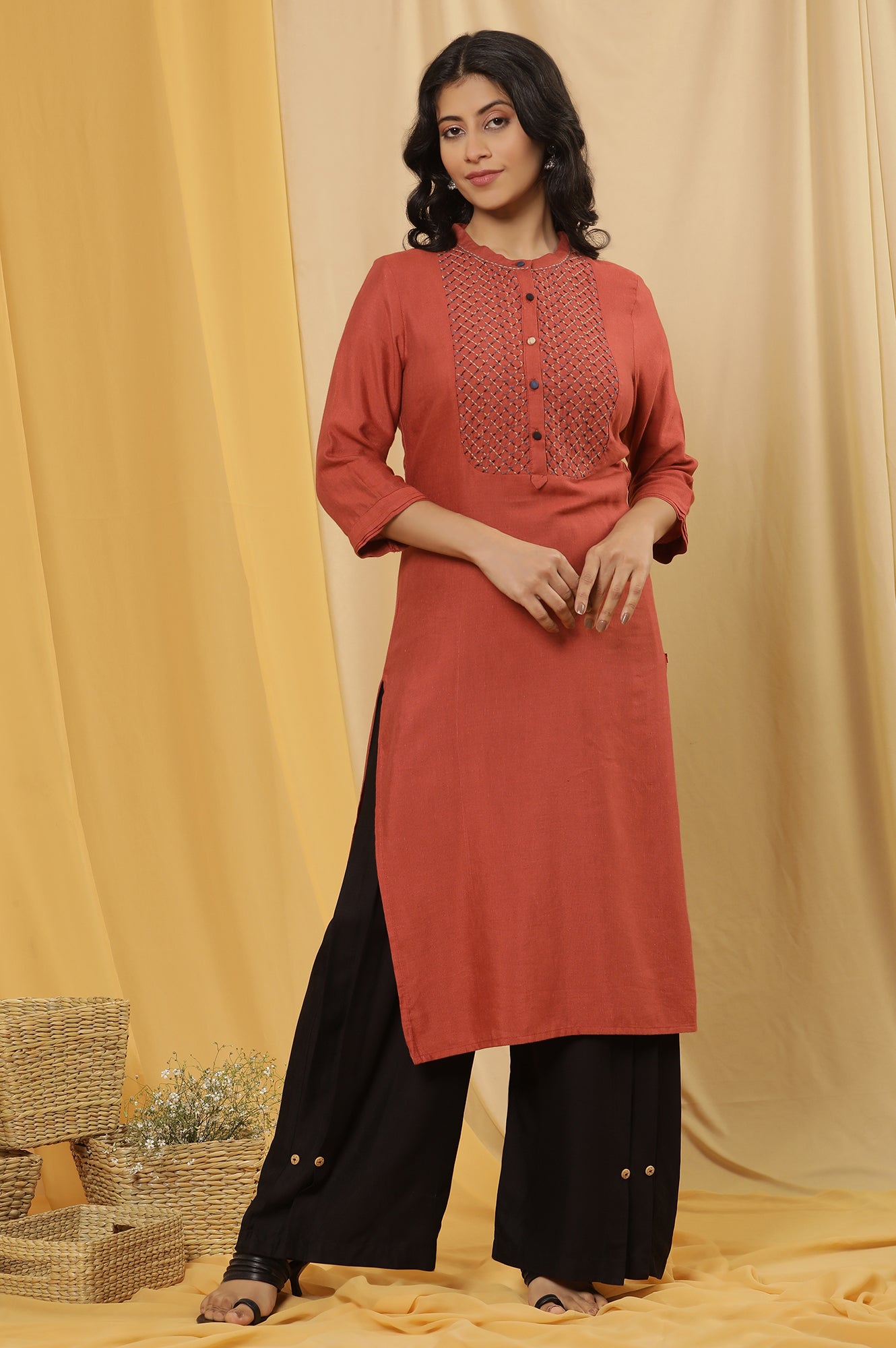 Brick Red Embroidered Kurta And Black Parallel Pants