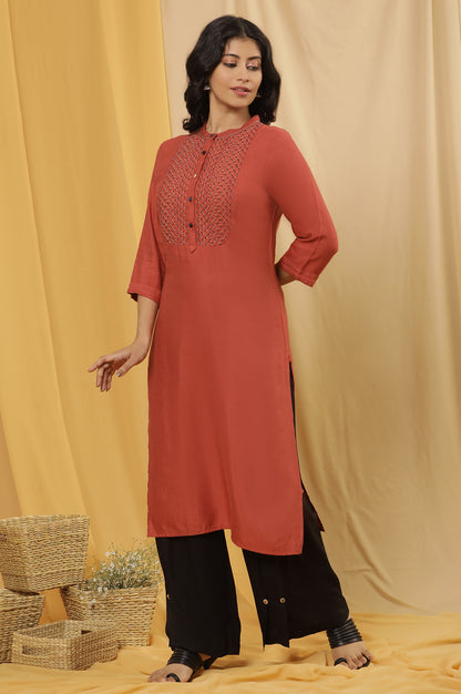 Brick Red Embroidered Kurta And Black Parallel Pants