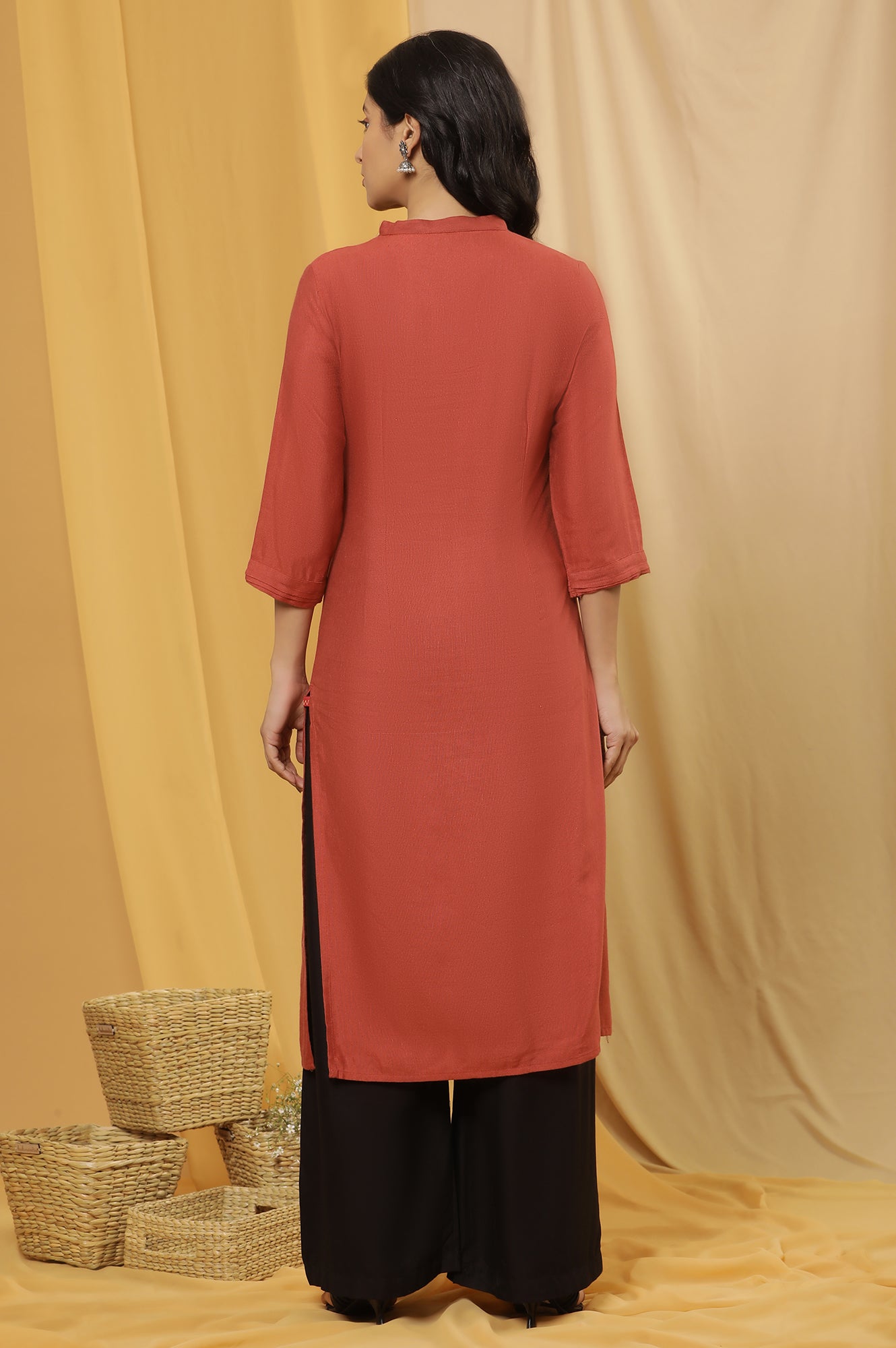 Brick Red Embroidered Kurta And Black Parallel Pants