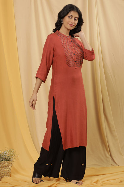 Brick Red Embroidered Kurta And Black Parallel Pants