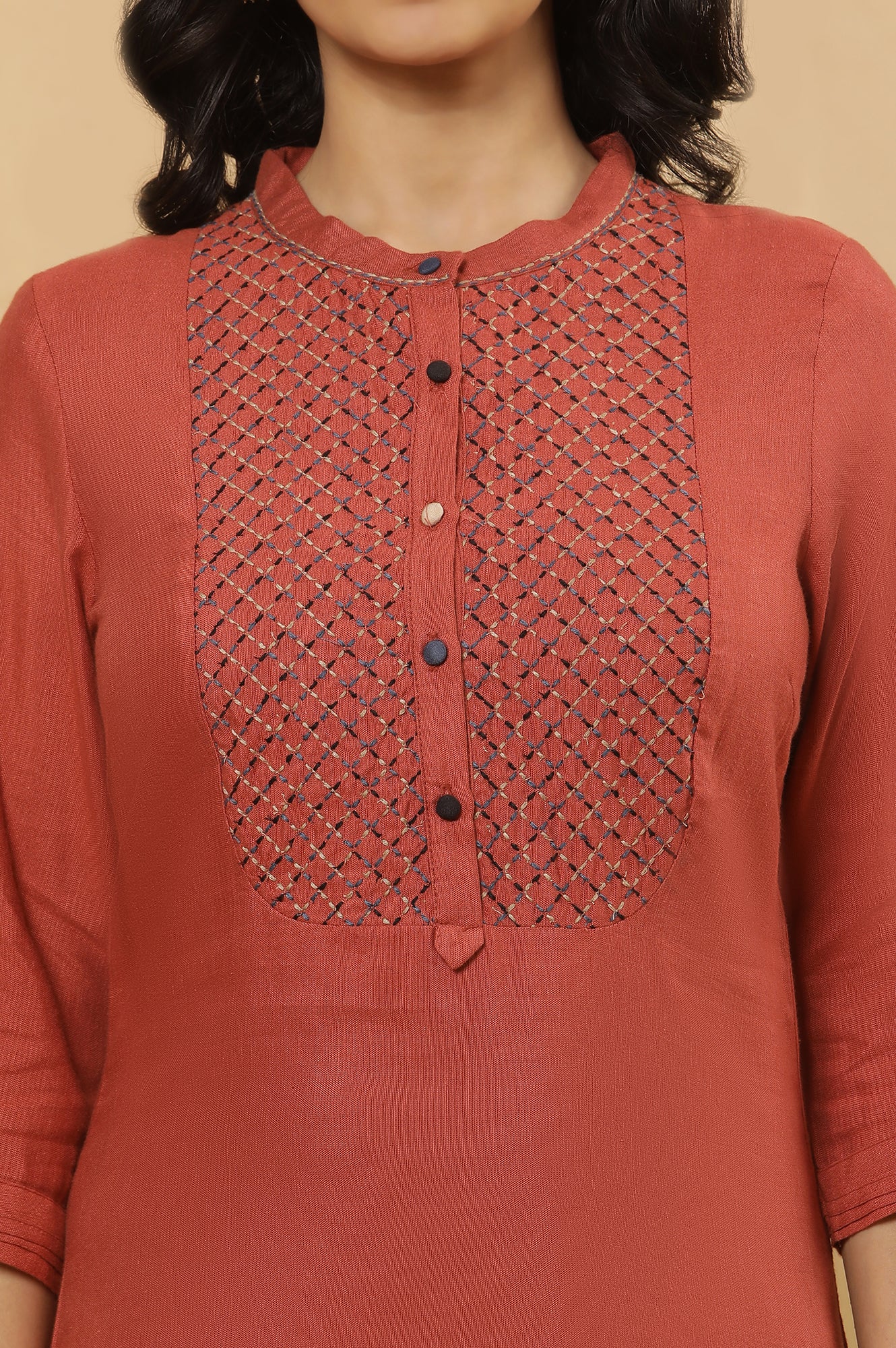 Brick Red Embroidered Kurta And Black Parallel Pants