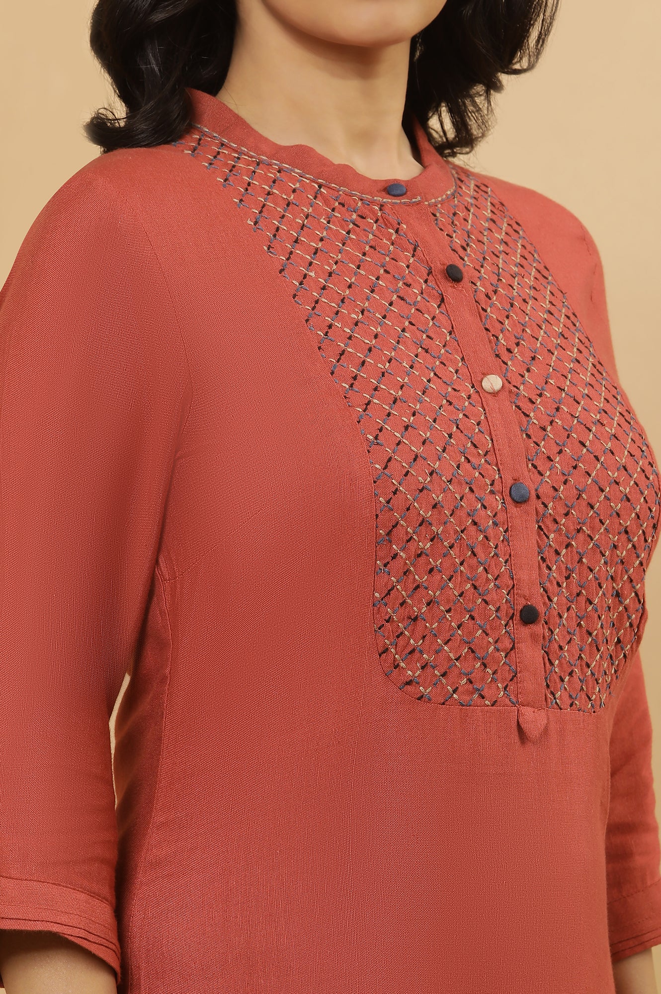 Brick Red Embroidered Kurta And Black Parallel Pants