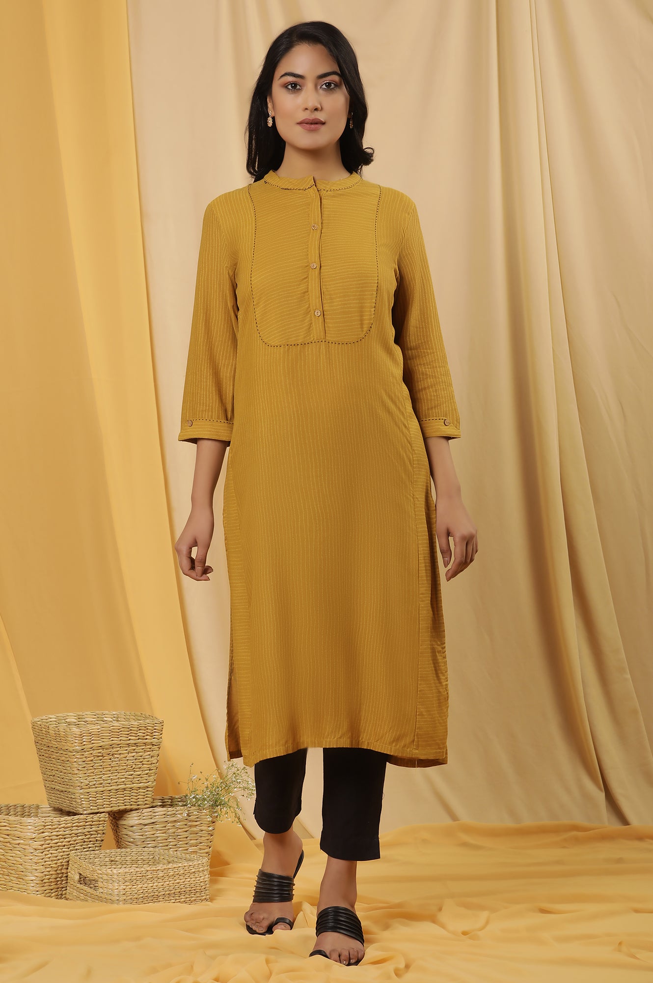 Yellow Stripe Kurta And Trousers Set