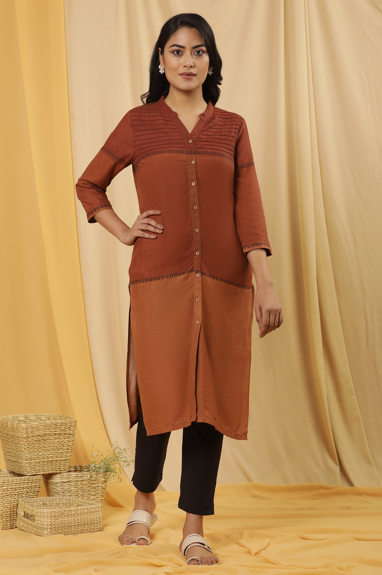 Red Pintuck Printed Kurta And Trousers Set