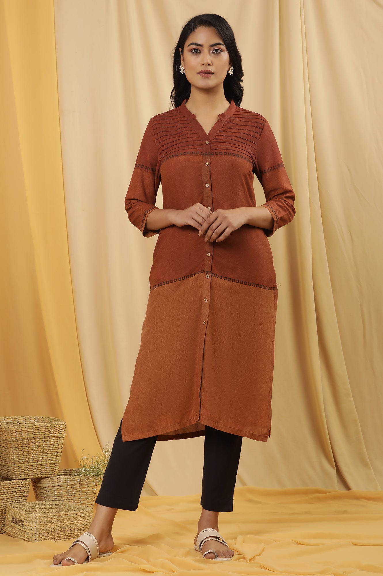 Red Pintuck Printed Kurta And Trousers Set