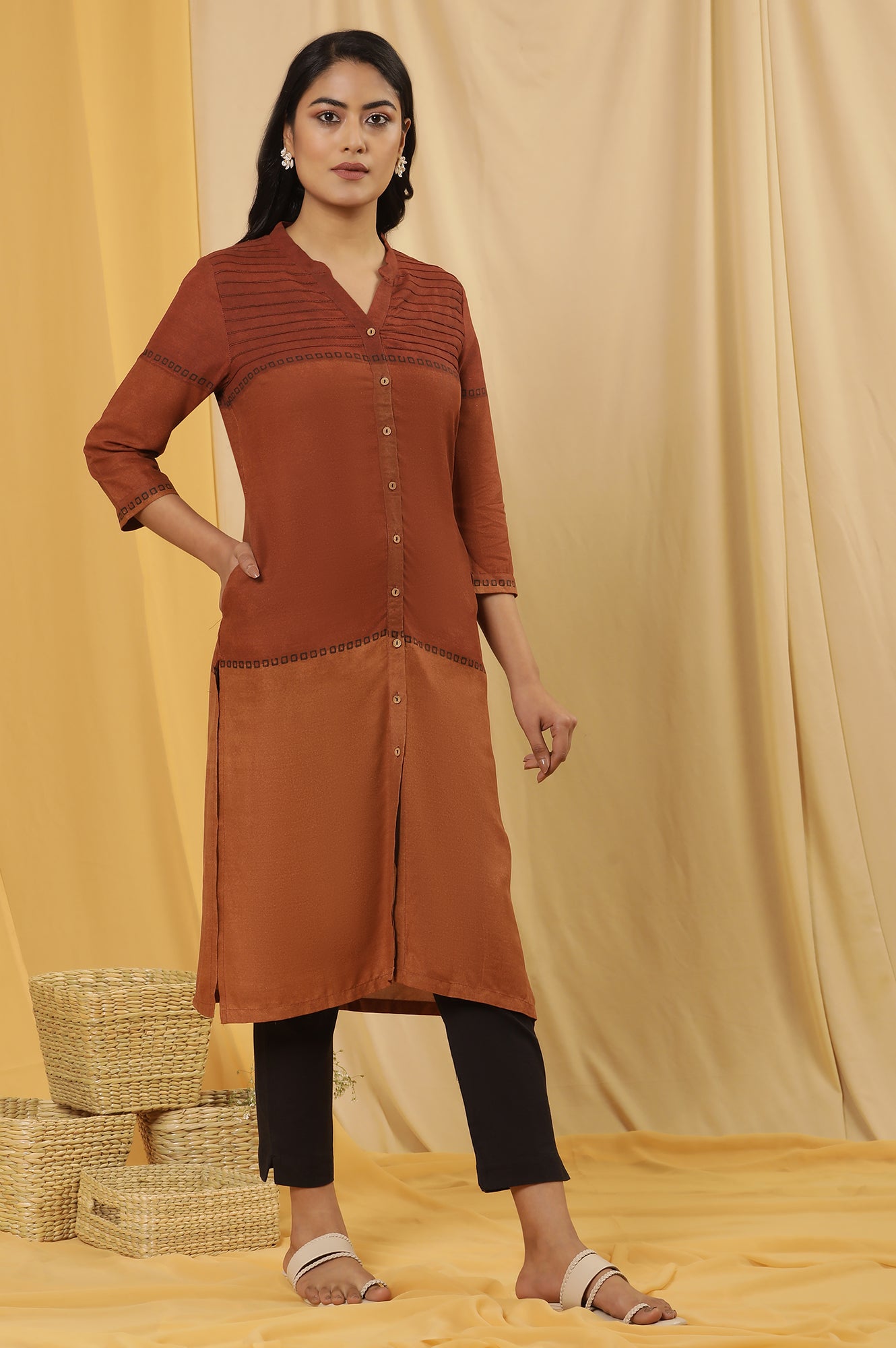 Red Pintuck Printed Kurta And Trousers Set