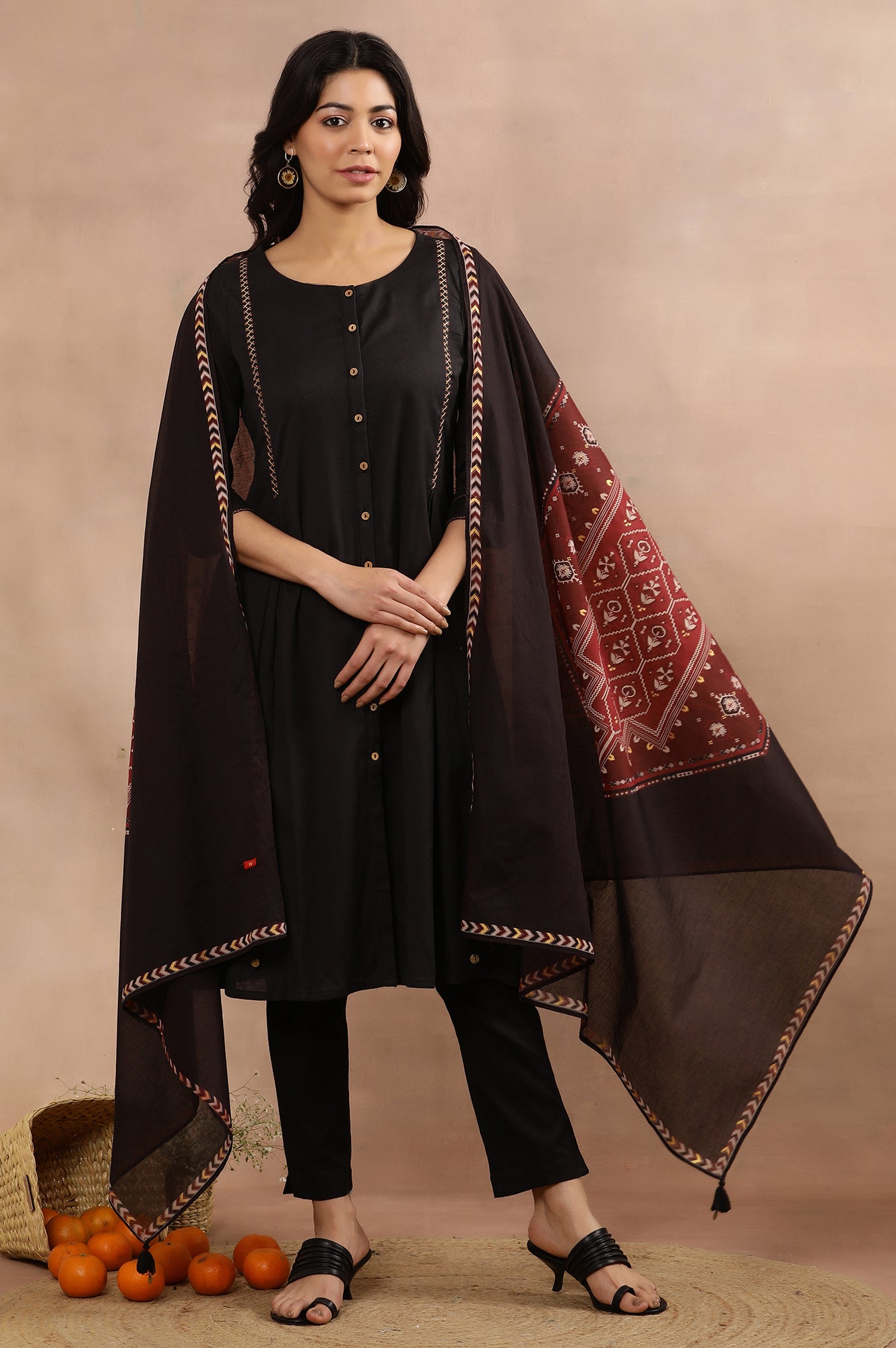 Black A-Line Kurta, Pants And Dupatta Set