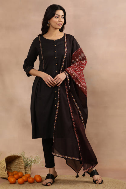 Black A-Line Kurta, Pants And Dupatta Set