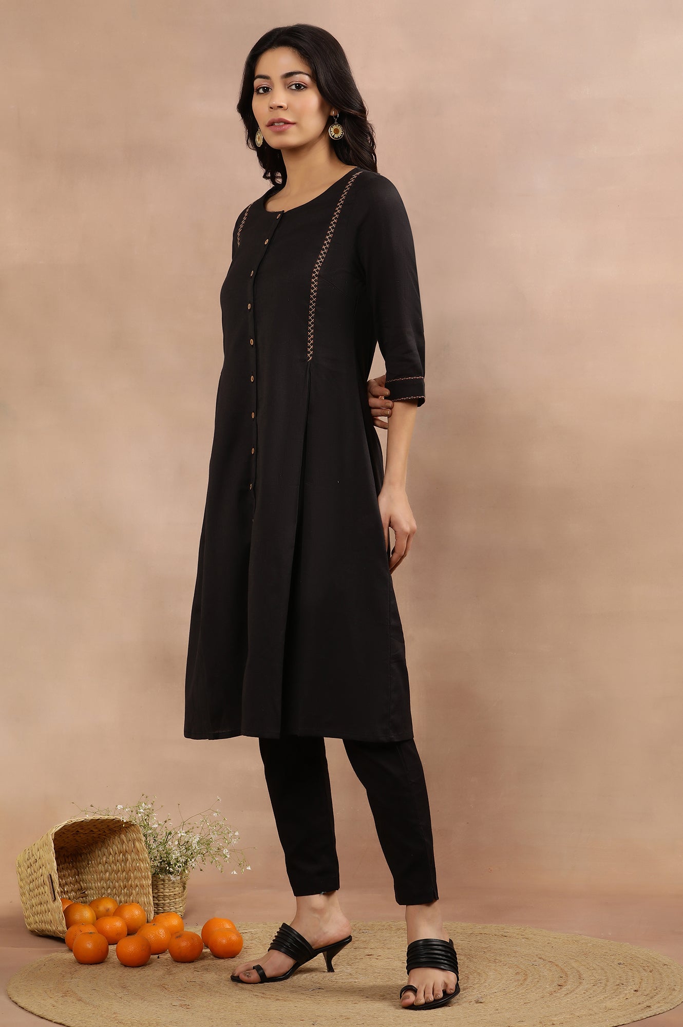 Black A-Line Kurta, Pants And Dupatta Set