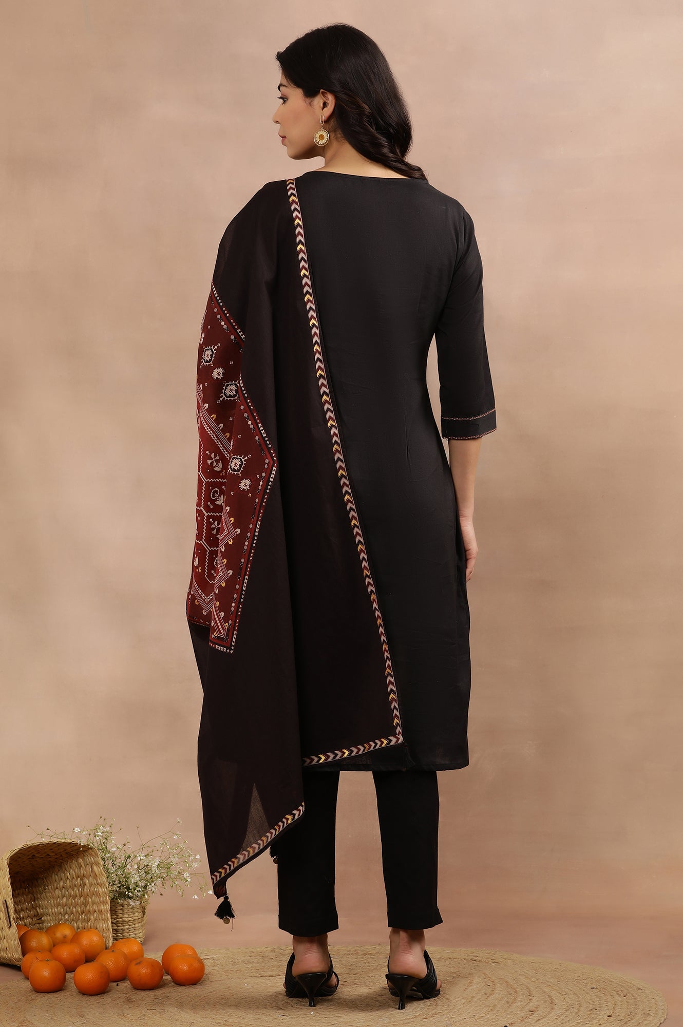 Black A-Line Kurta, Pants And Dupatta Set