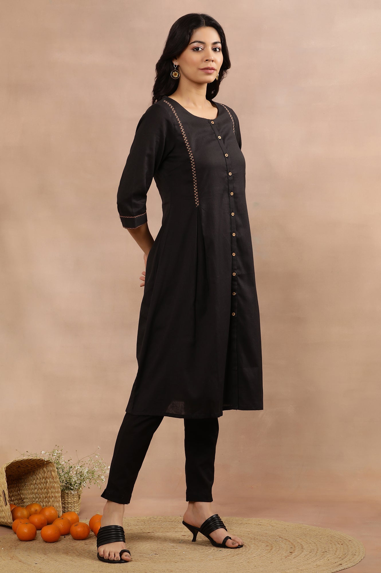 Black A-Line Kurta, Pants And Dupatta Set