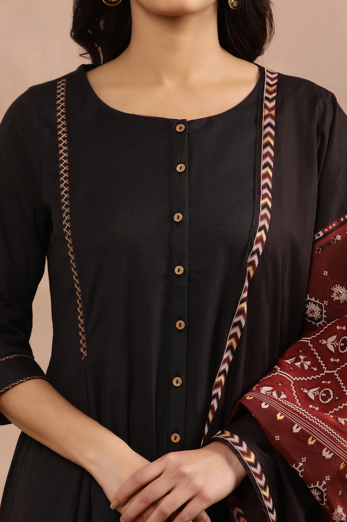 Black A-Line Kurta, Pants And Dupatta Set