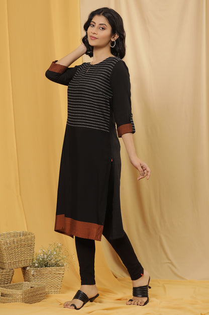 Black Dobby Colourblock Kurta And Tights Set